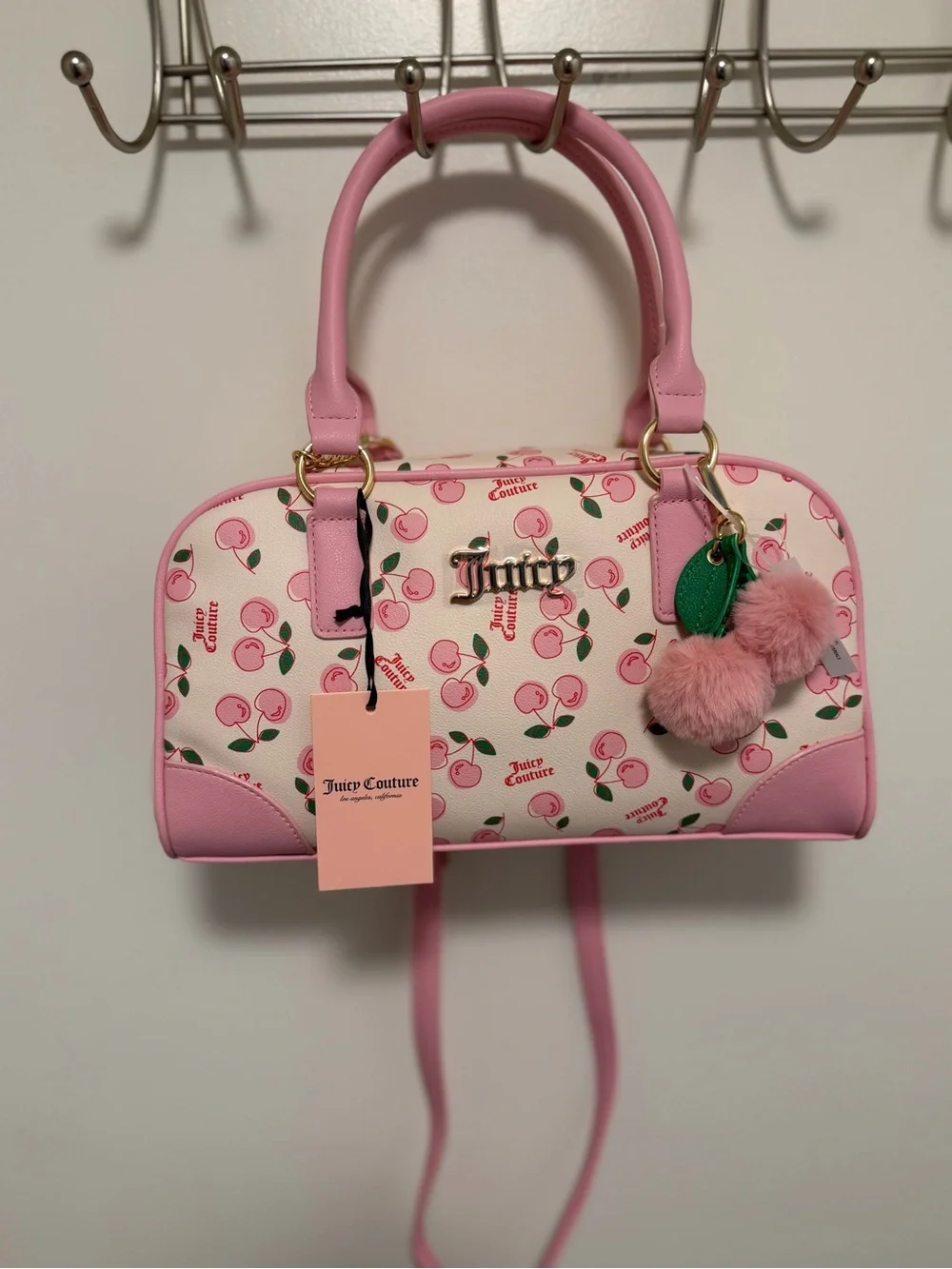 Juicy Couture Pink Cherry Print Satchel with Pom Charm brand new VIRAL with tags